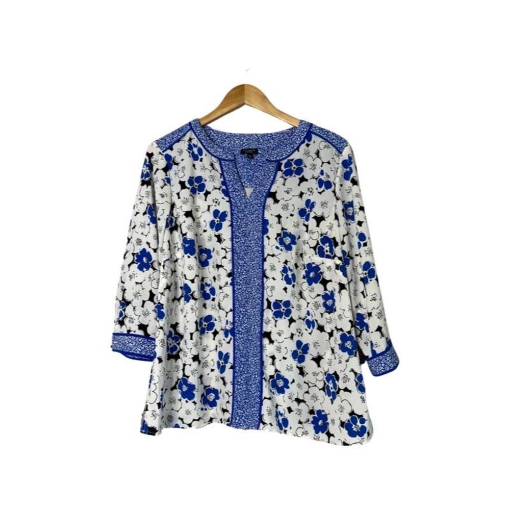 TALBOTS Women's Blouse Notch Neck Floral Print Blue White 1XP